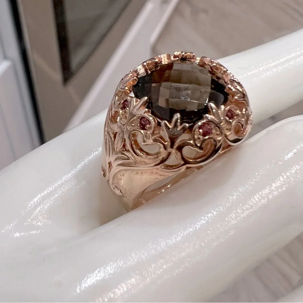 Brazilian Smoky Quartz Orissa Rhodolite Garnet 14K RG Sterling Silver Ring Sz 8